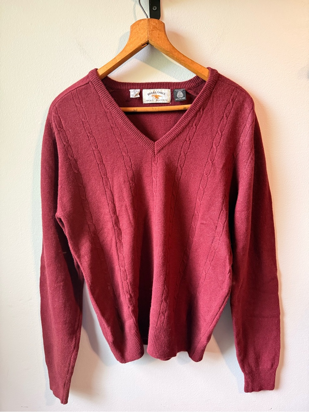 Vintage Brass Eagle 100% Lambswool Burgundy Cable Knit V-Neck Sweater